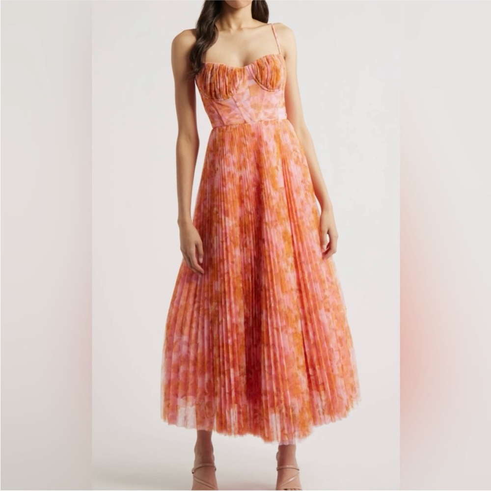Hutch Amara Corset Pleated Midi Dress Orange Pink Watercolor